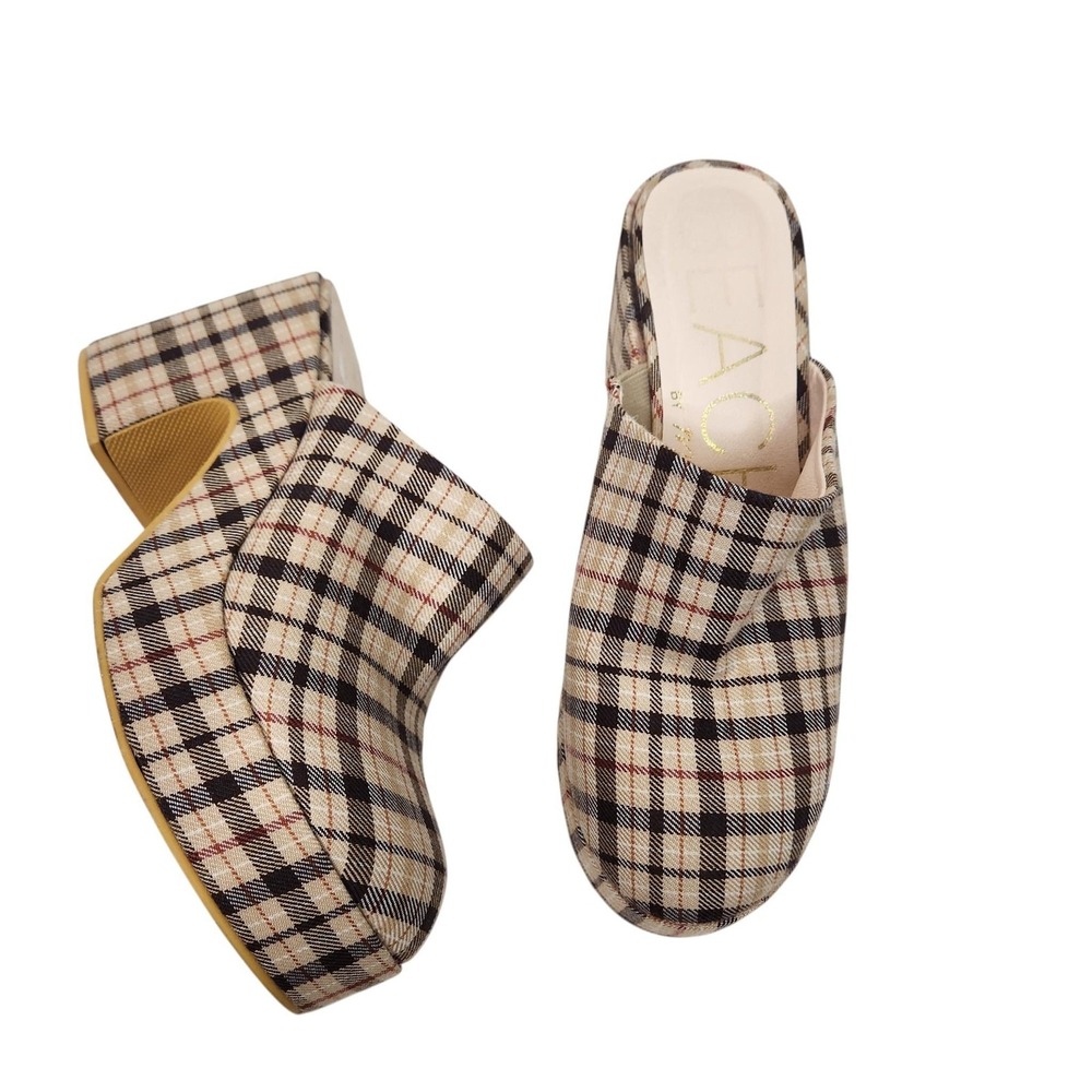 Beach By Matisse Shoes Womens 8 Beige Plaid Jayde Platform Block Mule Heels